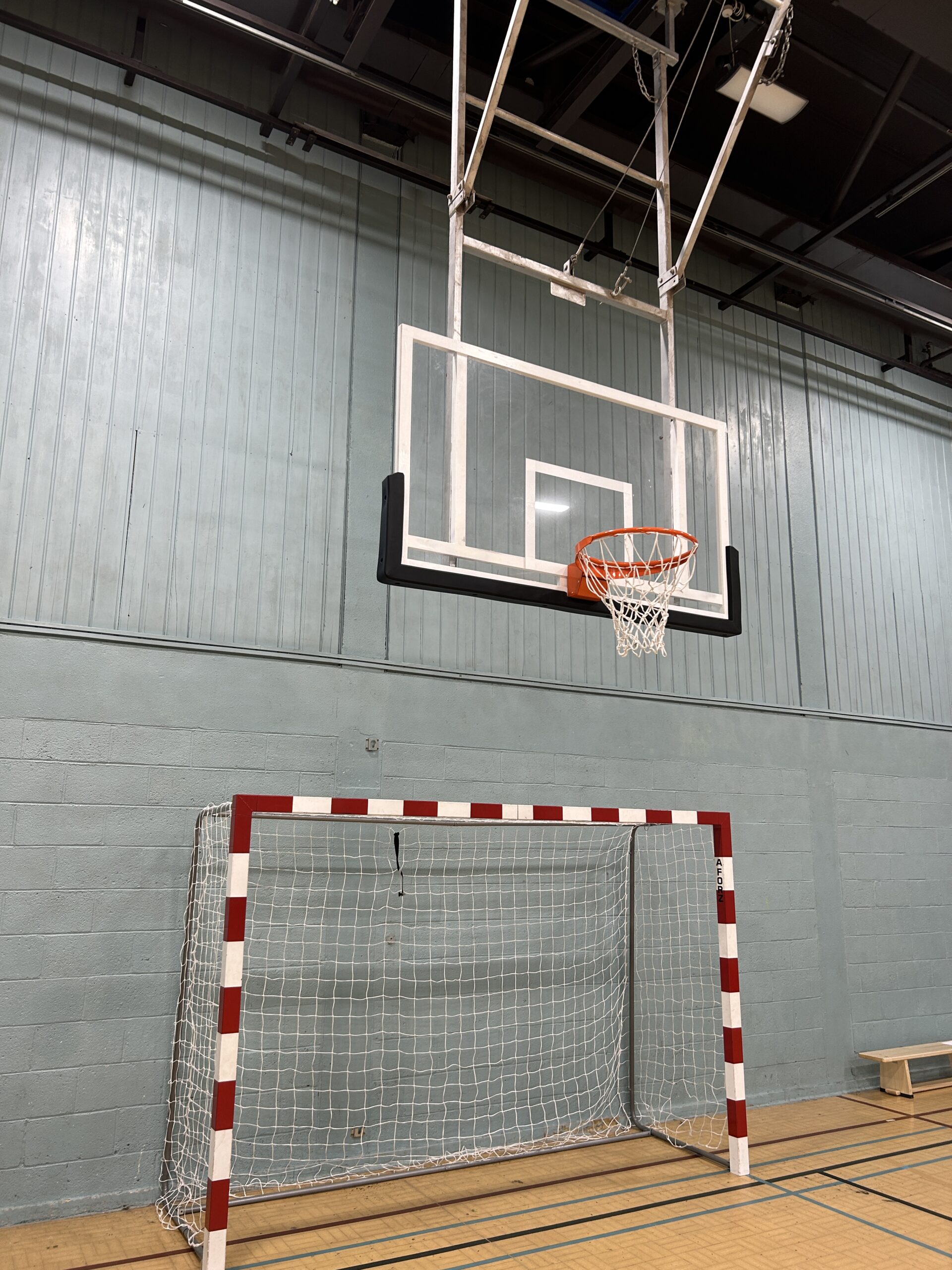 Roof mounted basketball goal with acrylic backboard
