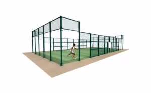 padel court enclosure installation with welded mesh panels and steel frame at outdoor sports facility