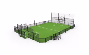 Deauville multi use games area installation with basketball goals and barred infill at school sports facility