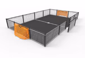 Brazilian football pitch installation with enclosed 2v2 futsal cage and orange goals at outdoor sports facility