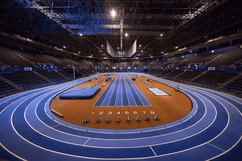 Indoor sprint track flooring installation with high performance running straight sports surface