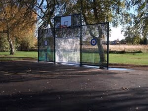 Ball wall goal end sports fencing system