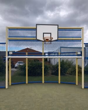 Large curved back goal end sports fencing system