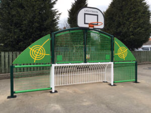 Mini ball wall goal end sports fencing system