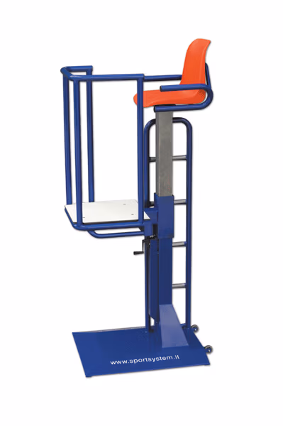 Adjustable volleyball referee platform with polypropylene seat beside an indoor volleyball court