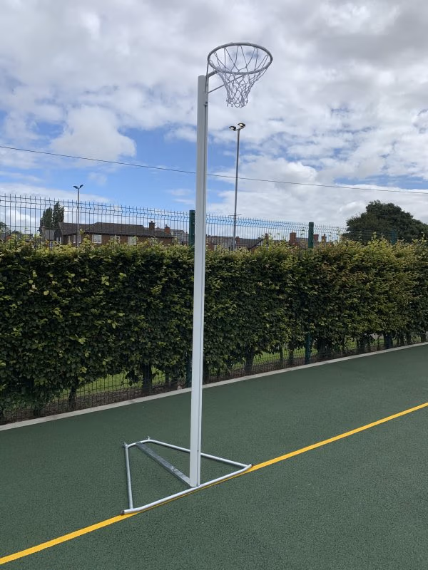 Freestanding aluminium netball posts with wheeled base