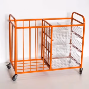 Multi-purpose storage trolley with three wire baskets for sports and PE equipment