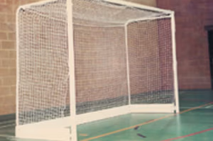 Indoor hockey goals with folding wheel-away steel frame and backboards