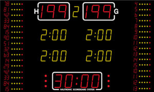 NA2654-16 indoor LED basketball scoreboard with large 26cm team scores, player numbers, player foul indicators, penalty timer, match clock and NAUCON-1000 touchscreen controller.