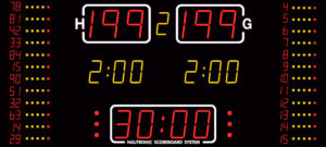 NA2654 indoor LED basketball scoreboard with large 26cm team scores, player numbers, player foul indicators, penalty timer, match clock and NAUCON-1000 touchscreen controller.