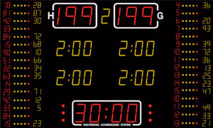 NA2655-16 indoor LED basketball scoreboard with large 26cm team scores, player scores, player numbers, player foul indicators, penalty timer, match clock and NAUCON-1000 touchscreen controller.