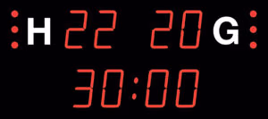 NHA2121 outdoor football LED scoreboard with 21cm home and away score displays, match clock, time-out indicators and NAUCON-10 wireless handheld remote control.