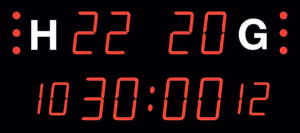 NHA2123 outdoor football scoreboard with home and away scores, full match clock, time-out indicators, penalty display and wireless remote control.