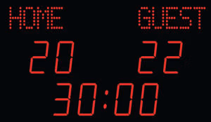NHA4619T30 outdoor football LED scoreboard with 18-character team name display, bottom-mounted 46cm match clock, home and away scores and NAUCON-1000 touchscreen controller.