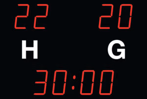NHA4619 outdoor football LED scoreboard with bottom-mounted 46cm match clock, home and away score displays and NAUCON-10 wireless handheld remote control.
